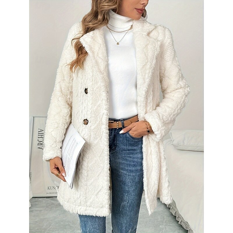 Women's Winter Coat Sherpa Jacket Comfortable Breathable Buttons Casual Plain Vacation Street Casual Daily Wear Double Breasted Regular Turndown Regular Fit Long Sleeve Outerwear Beige Spring Fall2