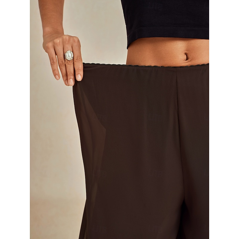 Women's Culottes Wide Leg Straight-Leg Trousers Elegant Stylish Classic Style Full Length Medium Waist Solid Color Elastic Waist Stretchy Wedding Vacation Party Brown Spring, Fall, Winter, Summer4