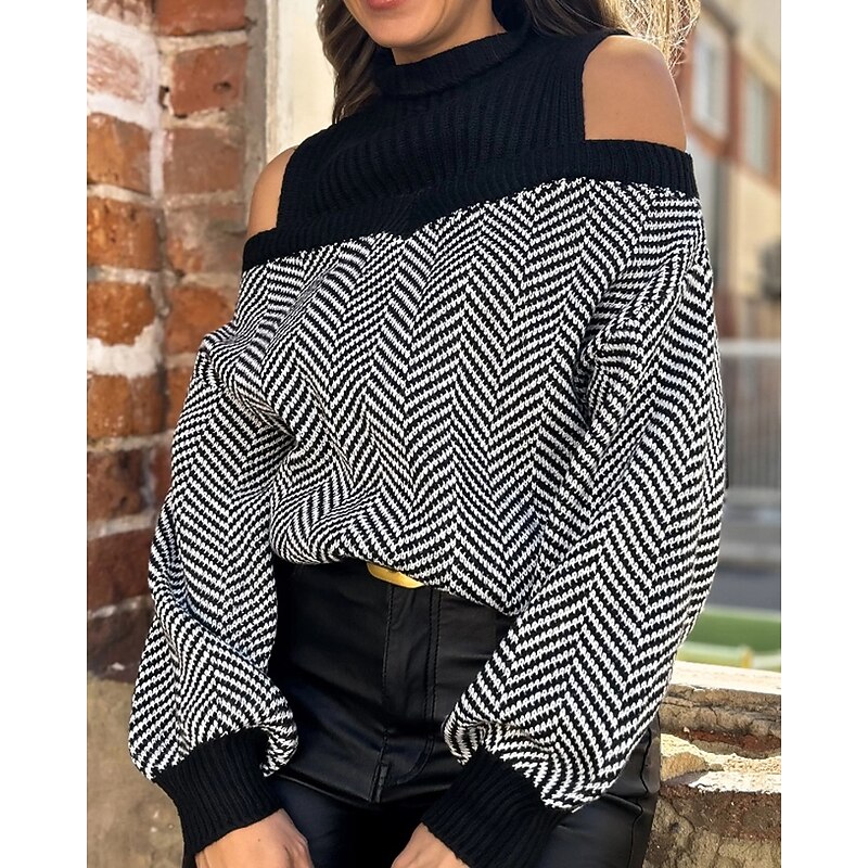 Women's Sweater Pullover Streetwear Casual Striped Turtleneck Patchwork Knitted Cold Shoulder Long Sleeve Regular Tops Knit Outdoor Holiday Going out Black Fall Winter3