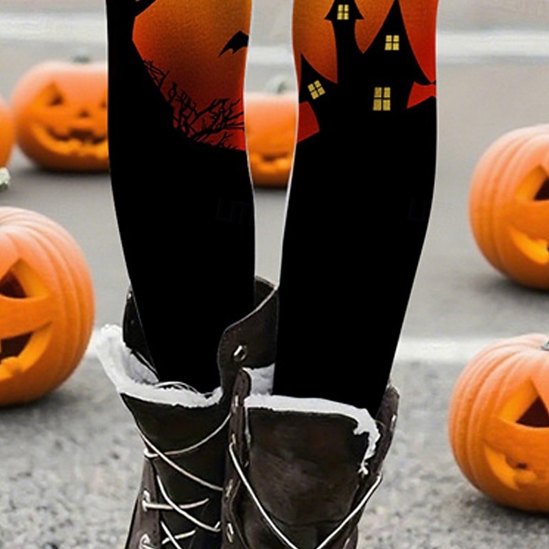Women's Leggings Cozy Leggings Basic Casual Full Length High WaistPantsHalloween Graphic Tree Printing Thermal Warm Comfortable Stretchy Vacation Casual Daily Orange Fall Winter Slim Fit3