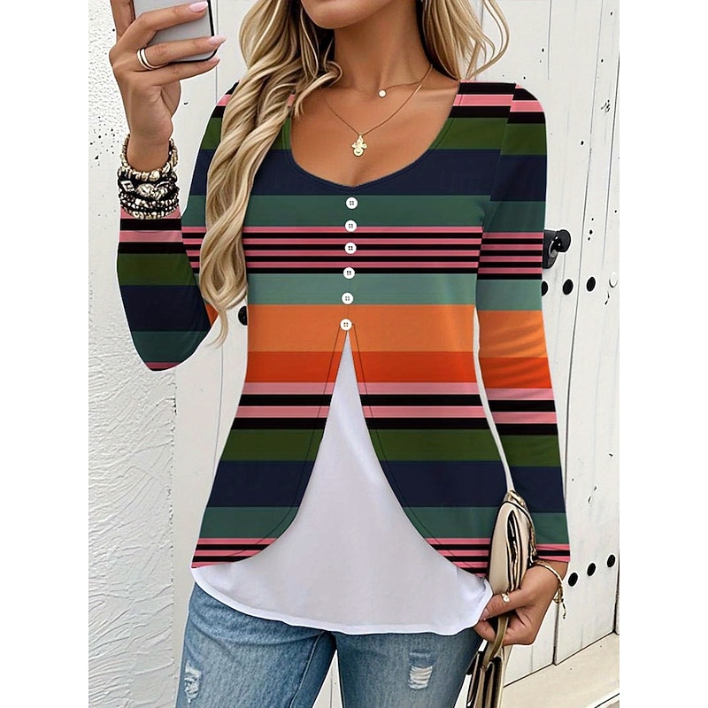 Women's T Shirt Graphic Striped Vintage Fashion Stylish Long Sleeve Crew Neck Regular Tops Daily Buttons Print Tiered Army Green Spring Fall Winter
