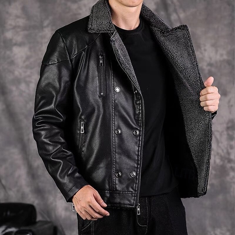 Men's Faux Leather Jacket Fleece Jacket Biker Jacket Motorcycle Jacket Vacation Daily Windproof Warm Pocket Fall Winter Plain Fashion Classic Lapel Regular Black Wine Jacket3