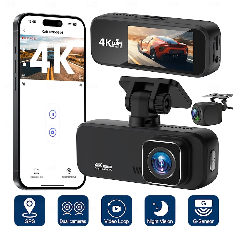 HD 4K1080P dual-lens car dash cam with mobile connectivity hidden DVR for vehicles.