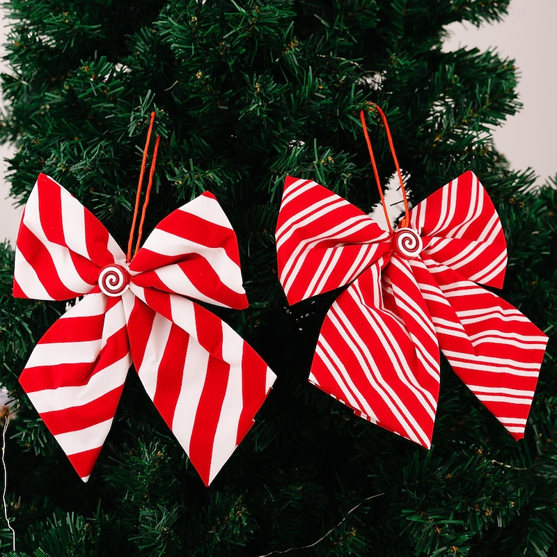 Christmas Bow Decorations Red and White Striped Candy Bow Ornament Sponge Bow Hanging Decoration for Xmas Tree Holiday Festive Tree Decor2