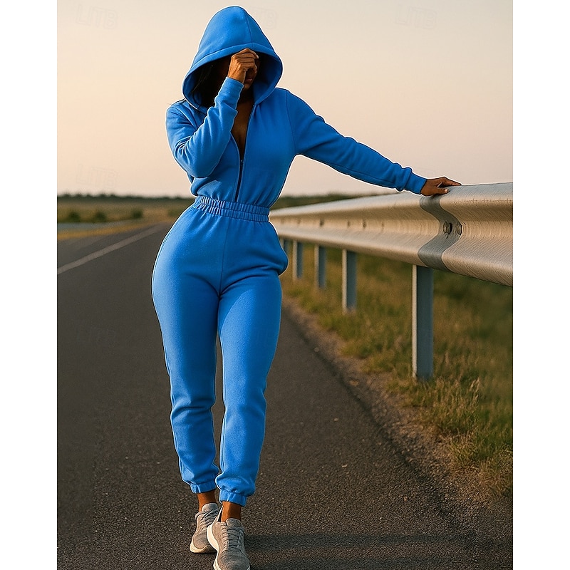 Women's One-piece  Hoodie Jumpsuit Sets Zip Up Solid Colored Clothing Suit Fall White Army Green Hiking Vocation Outdoor Long Sleeve Sport Activewear Micro-elastic Regular Fit