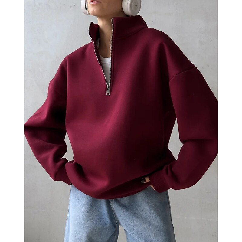 Women's Pullover Sweatshirts Zip Up Sweatshirts Plain Sports Fashion Casual Long Sleeve High Neck Regular Tops Street Dailywear Going out Half Zipper Quarter Zipper Zipper Wine Fall Winter2