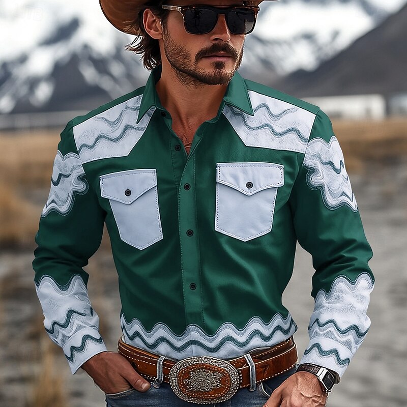 Men's Geometric Pattern Western Shirt Button Up Shirt Cowboy Shirt Long Sleeve Vintage Retro Outdoor Daily WorkWear Fall & Winter Turndown 3D Print Front Two Pockets Linen Like Shirt Brown Green2