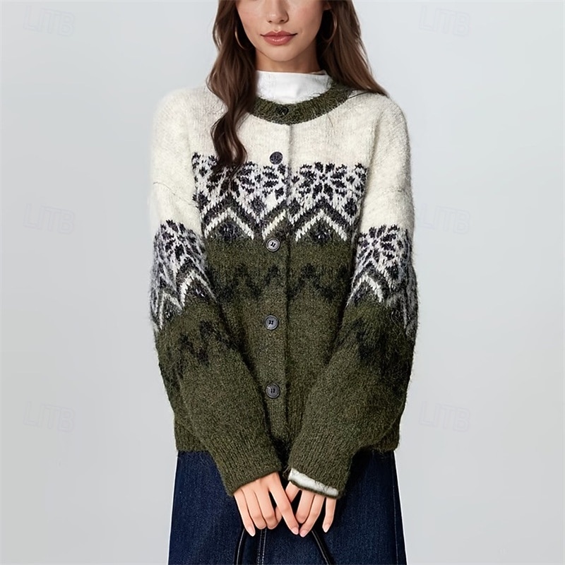Women's Sweater Cardigan Fair Isle Sweater Vintage Fashion Casual Snowflakes Ribbed Crew Neck Buttons Knitted Print Long Sleeve Regular Tops Knit Christmas Outdoor Daily Army Green Fall Winter2