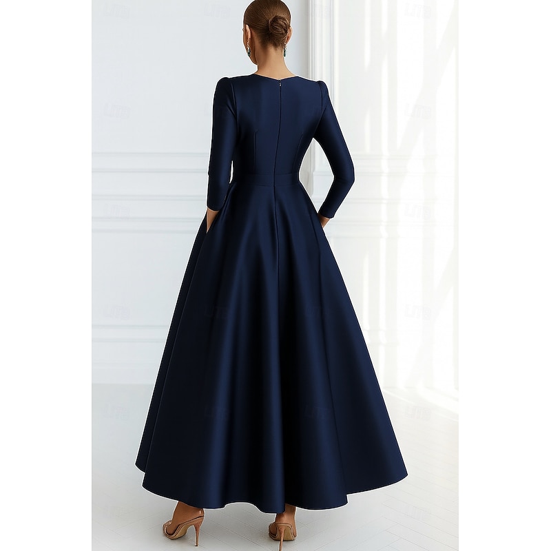 Blue Black A-Line Evening Gown Elegant Dress Formal Wedding Floor Length 3/4 Length Sleeve V Neck Pocket Satin with Pocket 20252