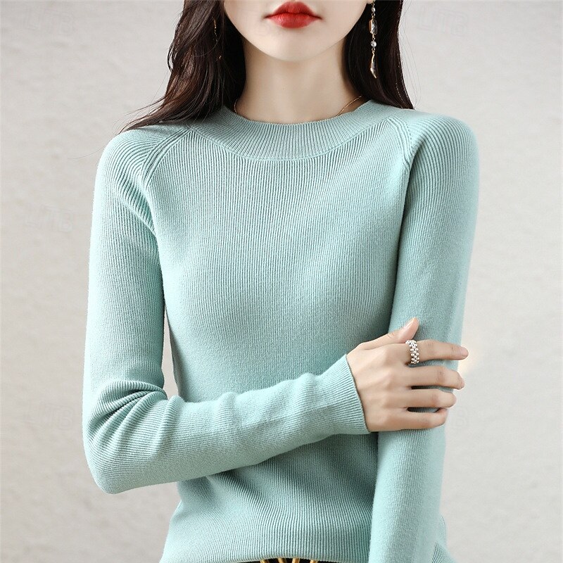 Women's Sweater Pullover Elegant Fashion Streetwear Pure Color Ribbed Crew Neck Knitted Long Sleeve Regular Tops Knit Outdoor Daily Weekend Black Yellow Fall Winter