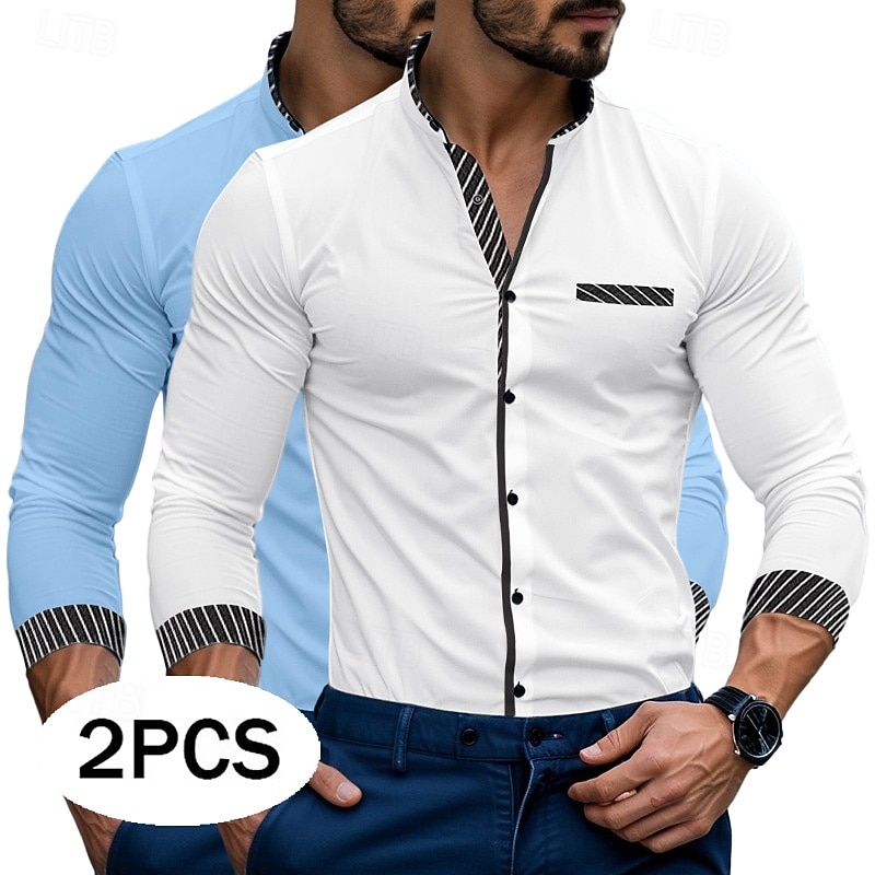 Men's Shirt Dress Shirt Casual Shirt Band Collar Shirt Button Up Shirt Stripe Formal Business White+Red White+Blue Blue+Red Long Sleeve Mandarin Collar Spring & Summer All Seasons Clothing Apparel