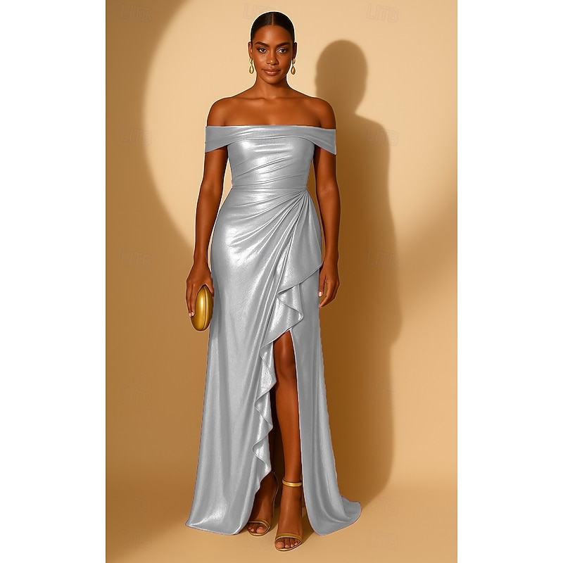 Gold A-Line Lurex Fabric Evening Gown Elegant Dress Formal Wedding Sweep / Brush Train Sleeveless Off Shoulder Lurex Fabric with Ruffles Slit 20254