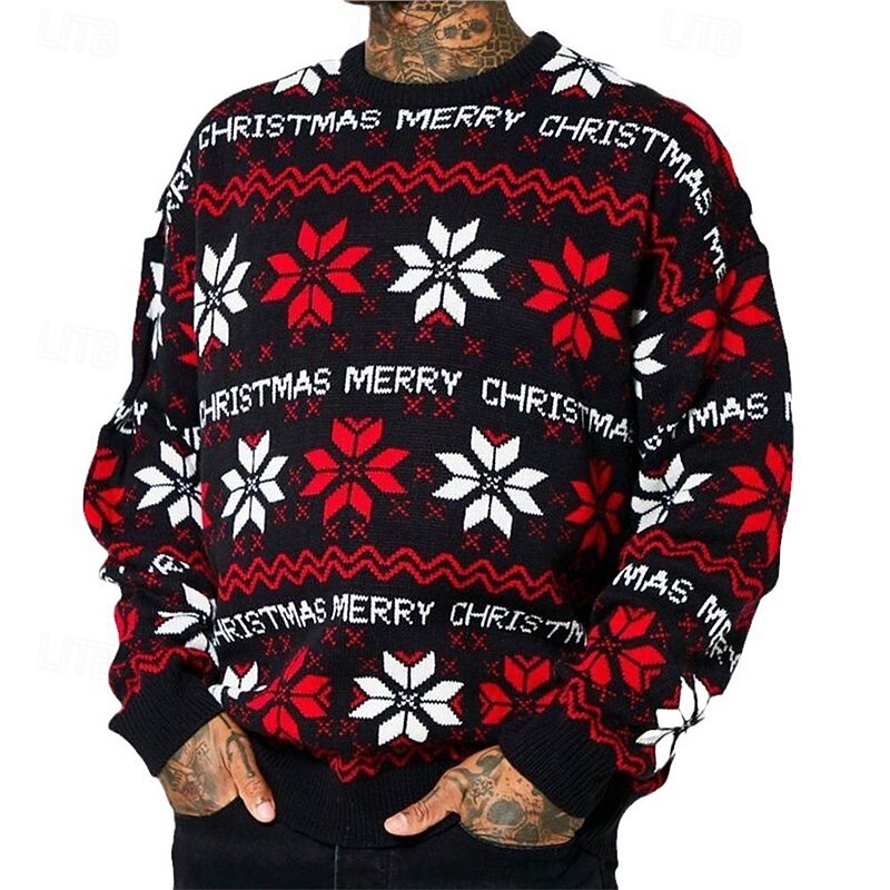 Christmas Men's Text Snowflake Pullover Sweater Jumper Knitwear Crewneck Casual Vacation Daily Festival 3D Print Keep Warm Long Sleeve Fall Winter Black Red3