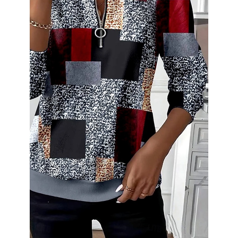 Women's Pullover Sweatshirt Zip Up Sweatshirts Graphic Geometric Color Block Fashion Casual Long Sleeve Crew Neck Regular Tops Street Dailywear Patchwork Zipper Print Dark Gray Fall Winter3