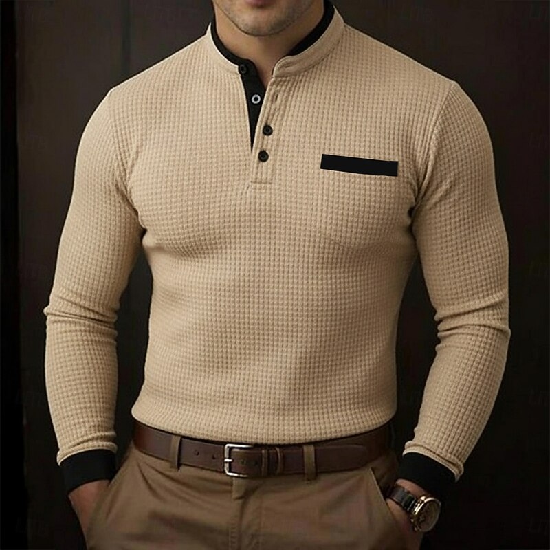 Men's Golf Polos Shirts Waffle Knit Polo Shirt Business Casual Stand Collar Long Sleeve Fashion Basic Solid Color Color Block Knitting Fall Winter All Seasons Regular Fit White Burgundy Royal Blue