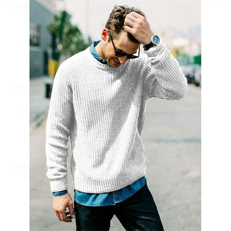 Men's Sweater Pullover Sweater Jumper Ribbed Knit Regular Tops Knitted Slim Fit Plain Crew Neck Knitwear Contemporary Casual Daily Wear Clothing Apparel Fall Natural yellow Black S M L3