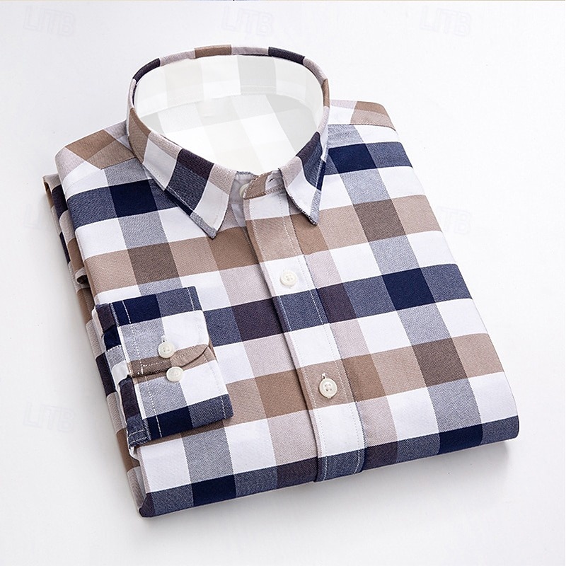 Men's Dress Shirt Oxford Shirt Plaid Shirt Collared Shirt Plaid / Check Wedding Work White gray Wine Khaki Long Sleeve Turndown Spring &  Fall Clothing Apparel Button-Down3