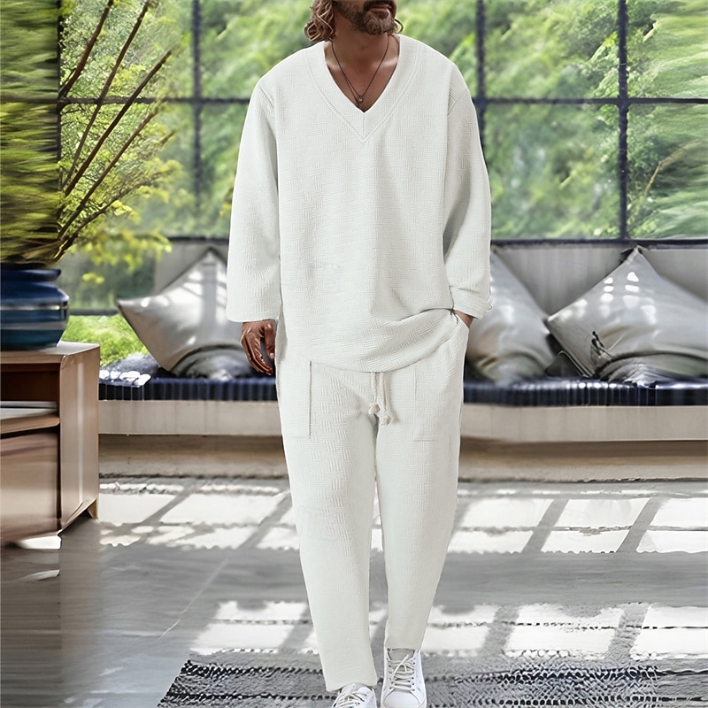 Men's T-shirt Suits Shirt and Pant Sets 2 Pieces Outfits Long Sleeve V Neck Spring Fall Plain Fashion Casual Jacquard 2 Piece Vacation Daily Wear Going out Black White Khaki Top Tee for Men2