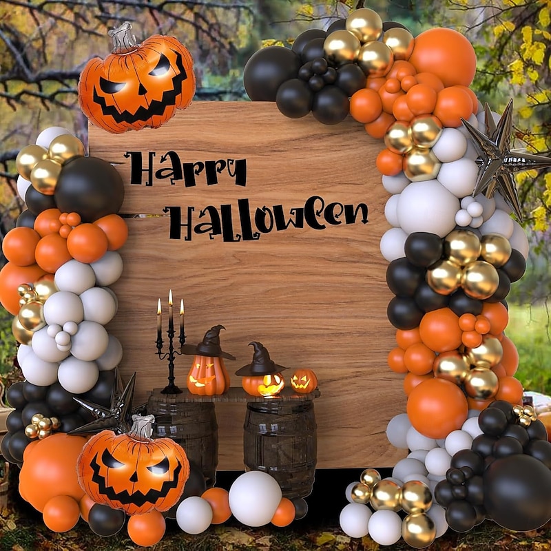 107pcs Halloween Balloon Arch Garland Kit - Black Orange Nude Latex Balloons Set with 3D Pumpkin Foil Eye Print Balloons for Halloween/Thanksgiving Day/Christmas Gift2