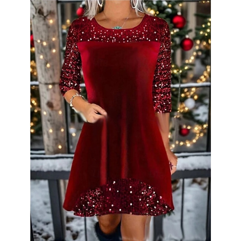 Christmas Women's Mini Dress A Line Dress Casual Daily Regular Fit Plain Long Sleeve Crew Neck Wine Royal Blue Green Spring Fall Winter3