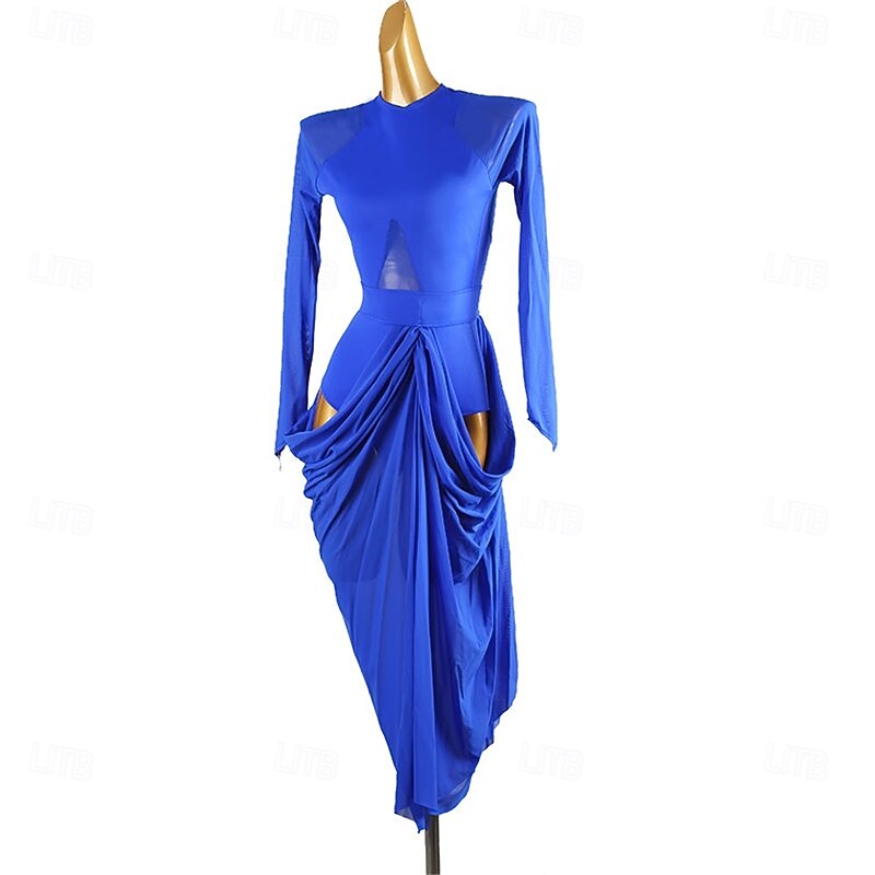 Women's Royal Blue Latin Dance Dress with Long Sleeves, Draped Skirt Detail, and Cut-Out Sides – Ideal for Salsa, Rumba, and Performance Wear4