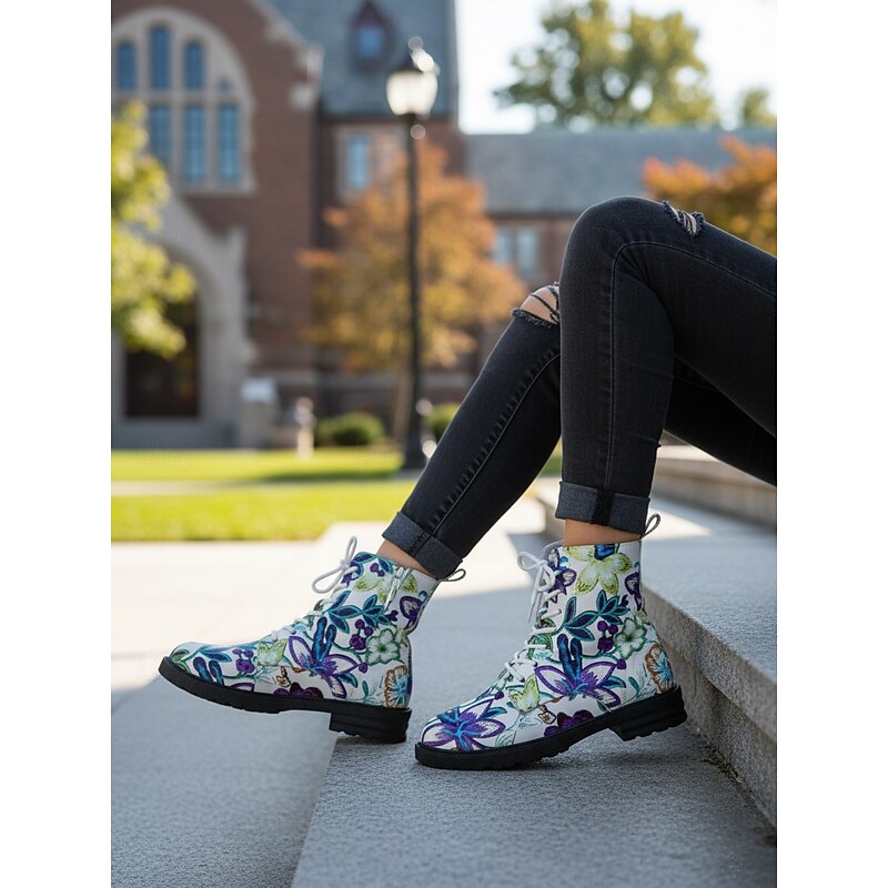 Women's White/Purple Floral Print Lace-Up Combat Boots – Casual Colorful Flower Pattern Ankle Boots for Daily Wear, Travel and Streetwear2