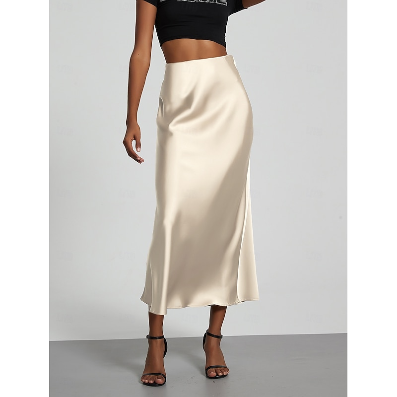 Women's Skirt Bodycon Elegant Fashion Midi High Waist Skirts Plain Micro-elastic Party Street Black Wine Khaki Dark Grey Spring Satin Polyester2