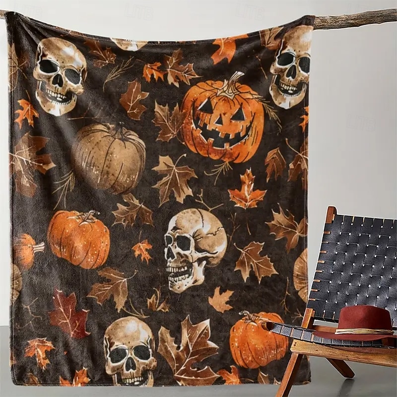 Halloween Fleece Throw Blanket for Couch Skeleton Pumpkin Rustic Cottagecore Party Sofa Bed Decorative Warm Blanket Home Decor2