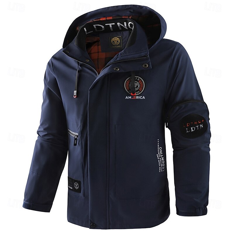 Men's American Flag Windbreaker Hooded Jacket Parka Waterproof Windproof Multi-Pockets Casual Outdoor Camping & Hiking Detachable Hood Full Zip Coat Outerwear Fall Winter Stand Collar Long Sleeve