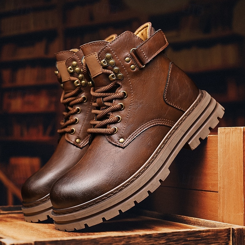 Men's Brown Faux Leather Ankle Work Boots with Heavy-Duty Non-Slip Sole, Industrial Outdoor Style for Construction, Hiking and Casual Streetwear