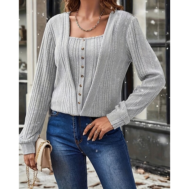Women's Sweater Pullover Streetwear Casual Solid Color Cable Square Neck Buttons Knitted Long Sleeve Regular Tops Knit Daily Holiday Going out Light Brown Light Grey Fall Winter2