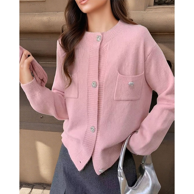 Women's Sweater Cardigan Streetwear Casual Solid Color Floral Crew Neck Pocket Buttons Knitted Long Sleeve Regular Tops Knit Daily Holiday Going out Black White Spring Fall