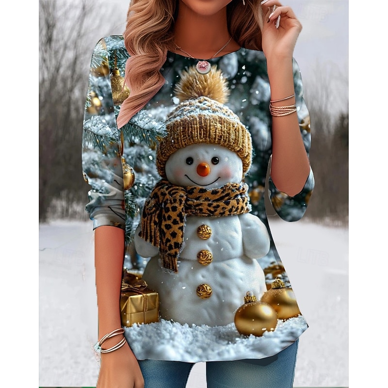 Christmas Women's T Shirt Graphic Snowman Fashion Casual Long Sleeve Crew Neck Round Neck Regular Tops Daily Weekend Print Pink Gold Green Summer Spring Fall Winter