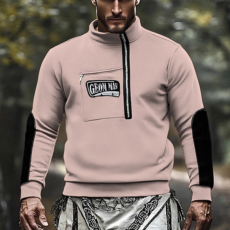 Men's Sweatshirt Fleece Sweatshirt Quarter Zip Sweatshirt Black Pink Khaki Gray Half Zip Color Block Patchwork Sports & Outdoor Daily Holiday Polyester Streetwear Basic Casual Winter Clothing Apparel4