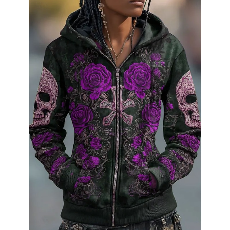 Halloween Women's Zip Up Hoodies Skulls Graphic Rose Fashion Casual Long Sleeve Hooded Regular Tops Street Dailywear Casual Zipper Pocket Print Red Purple Green Spring Fall3