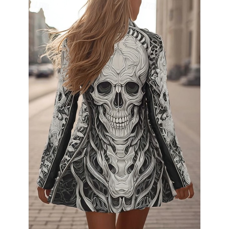 Halloween Women's Coat Lightweight Comfortable Skulls Print Vintage Artistic Casual Skull Casual Short Collarless Regular Fit Long Sleeve Outerwear Black Light Grey Dark Grey Spring Fall