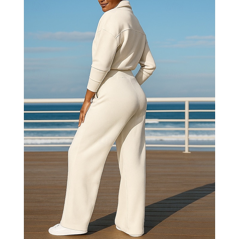 Women's One Piece Sweatsuit Lounge Outfits  Pocket Solid Colored Clothing Suit Fall Black White Cotton Outdoor Travel Sports Moisture Wicking Long Sleeve Sport Activewear Micro-elastic Regular Fit2