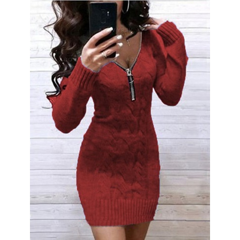 Women's Sweater Sweater Dress Casual Soft Pure Color Ribbed V Neck Zipper Knitted Long Sleeve Long Tops Knit Outdoor Party Daily Wine Army Green Fall Winter3