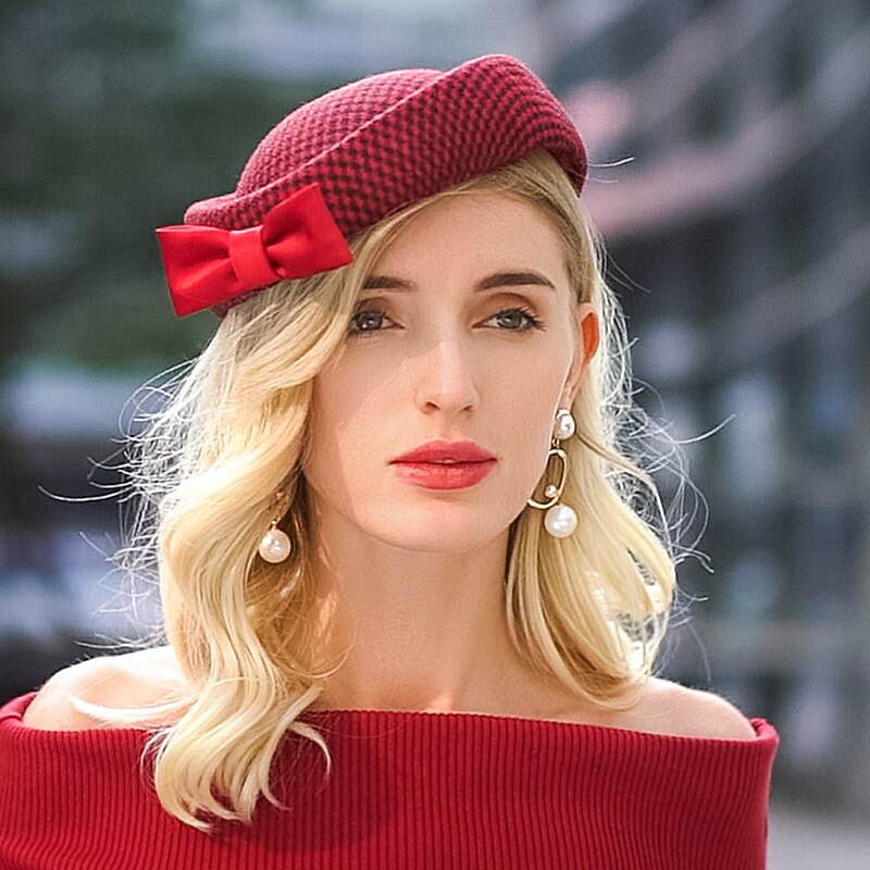 Hats 100% Wool Beret Hat Pillbox Hat Wedding Cocktail Elegant Wedding With Bowknot Headpiece Headwear4