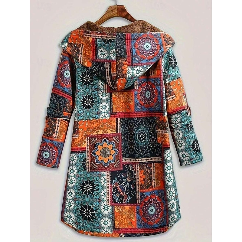 Women's Sherpa Jacket Casual Jacket Comfortable Breathable Print Casual Geometric Vacation Street Casual Daily Wear Open Front Long Hooded Regular Fit Long Sleeve Outerwear Orange Spring Fall2