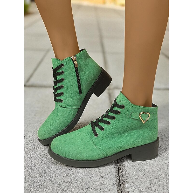 Women's Khaki Ankle Boots, Casual Lace-Up Combat Boots with Side Zipper and Heart Buckle Detail for Everyday Outfits3