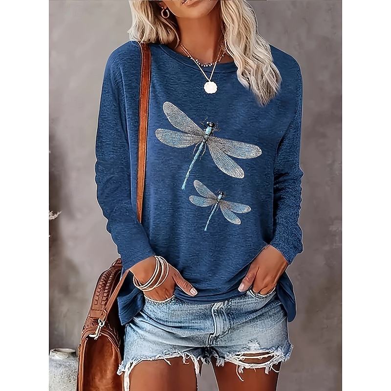Women's T Shirt Graphic Animal Dragonfly Vintage Stylish Classic Long Sleeve Crew Neck Round Neck Regular Tops Daily Print Black Navy Blue Light Blue Spring Fall Winter