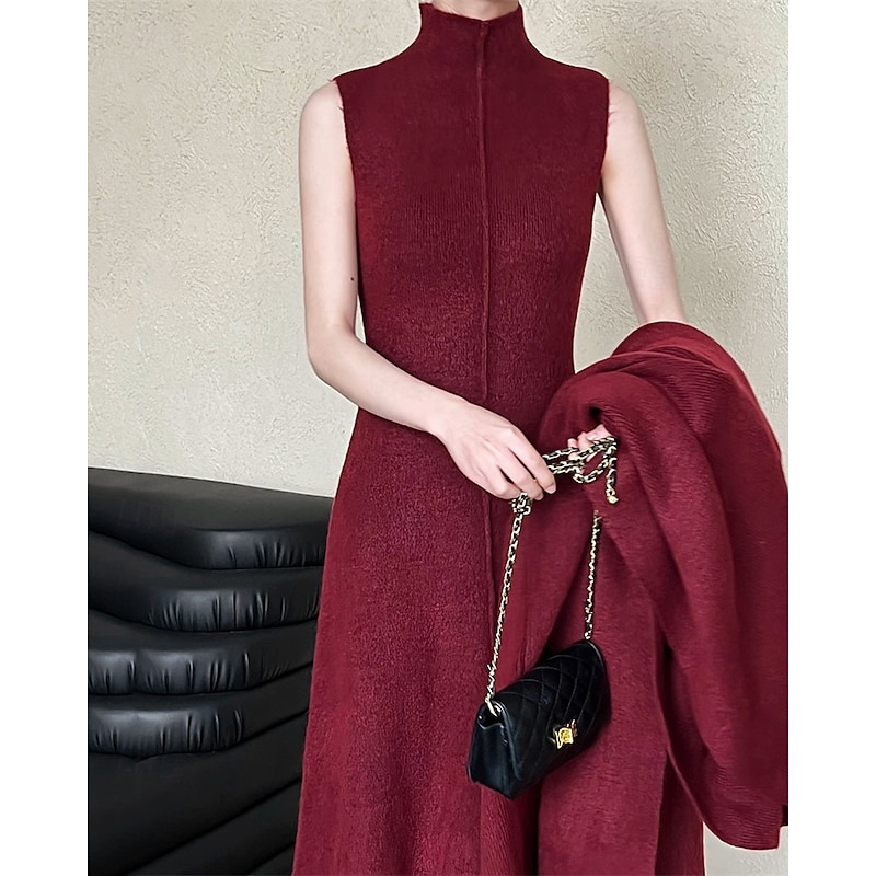 Women's Long Dress Maxi Dress Knit Dress Casual Dress Dress Set Elegant Fashion Modern Outdoor Daily Going out Regular Fit Plain Long Sleeve High Neck Stand Collar Red Winter Autumn2