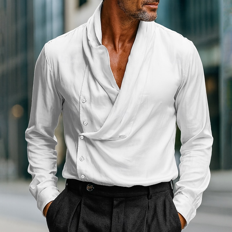 Men's Shirt Satin Shirt Dress Shirt Casual Shirt Button Up Shirt Prom Shirt Plain Formal Wedding White Wine Royal Blue Gold Long Sleeve V Neck All Seasons Clothing Apparel2
