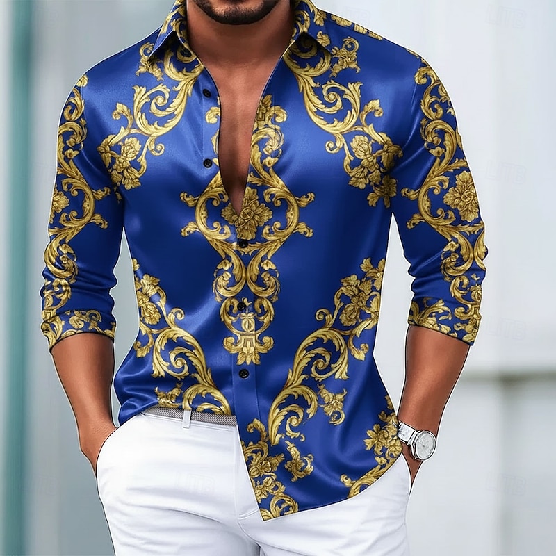 Men's Floral Print Baroque Shirt Satin Shirt Dress Shirt Long Sleeve Vintage Retro Vacation Dailywear Summer Spring Fall Turndown 3D Print Button Up Shirts Black White Burgundy Blue2