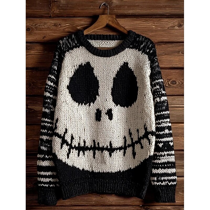 Halloween Women's Sweater Monster Cute Streetwear Casual Graphic Animal Crew Neck Patchwork Knitted Long Sleeve Regular Tops Knit Work Black+White+Gray Ginger Fall Winter