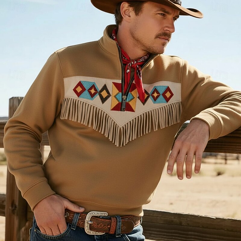 Men's Cowboy Sweatshirt Ethnic Vintage Retro Stand Collar Outdoor Work Gift Black Blue Zipper Fall Winter Designer2