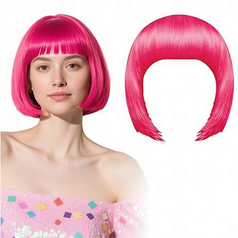 Hot Pink Bob Wig for Women Short Bob Wigs Synthetic Colored Funny Cosplay Hairpieces for Women Men Daily Halloween Costume Party Decorations