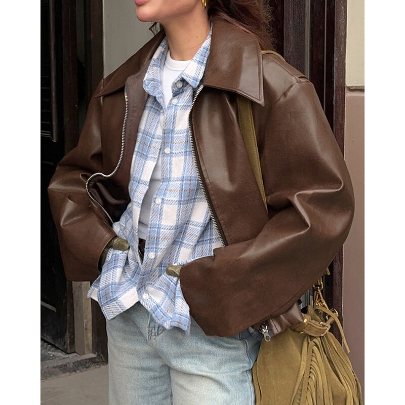 Women's Faux Leather Jacket Warm Comfortable Zipper Fashion Retro Plaid Outdoor Holiday Going out Weekend Regular Turndown Loose Fit Long Sleeve Outerwear Wine Khaki Fall Winter3