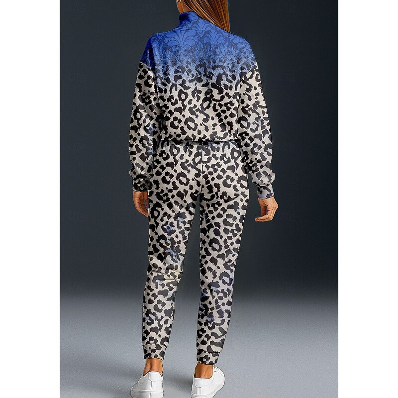 Women's Sweatshirt Tracksuit 2 Piece Tracksuit Baggy Leopard Clothing Suit Fall Royal Blue Vocation Outdoor Travel Lightweight Fashion Long Sleeve Sport Activewear Micro-elastic Regular Fit2